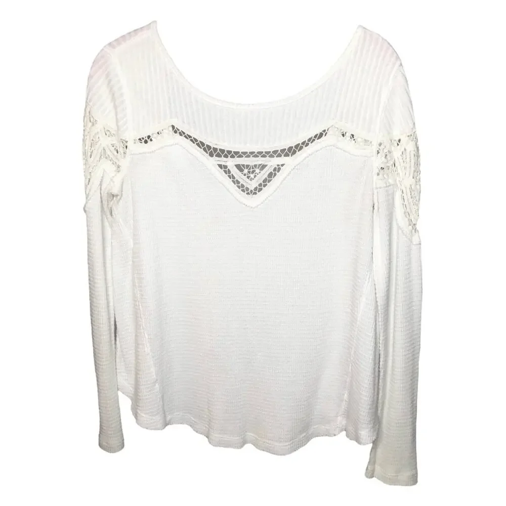 Free People Day Dream Tee Crochet Knit Waffle Long Sleeve White Size XS